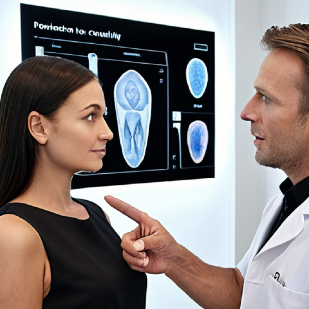 **Prompt 1: AI-Powered Skin Analysis & Personalized Consultation**
    "A modern beauty consultant wearing a professional uniform, engaging with a client in a sleek, minimalist beauty store. The consultant is pointing towards a large, interactive digital screen displaying a highly detailed, volumetric 3D analysis of the client's skin, complete with numerical data points for pores, pigmentation, and wrinkles. The client looks impressed and understanding, while the consultant maintains eye contact, embodying trustworthiness and expertise. Soft, natural lighting highlights the advanced technology and the human connection. The atmosphere is professional and innovative."