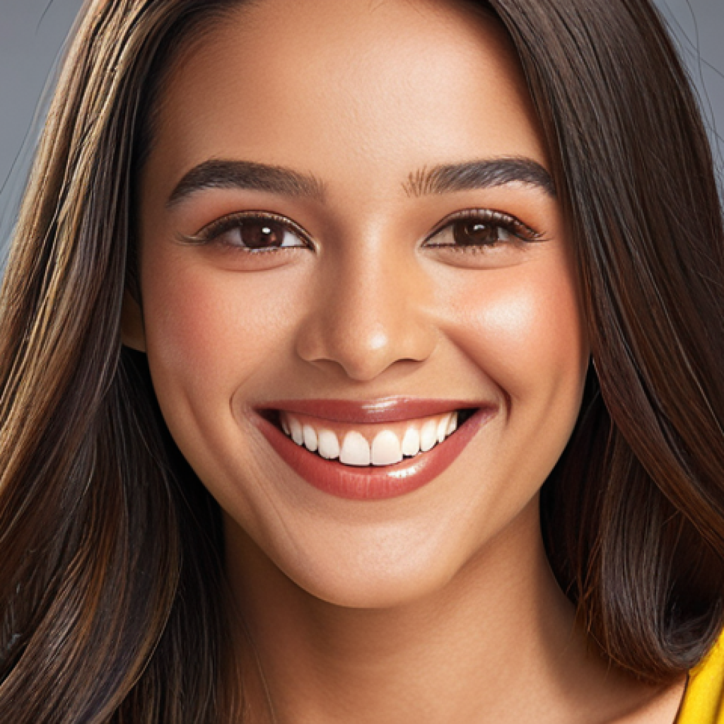 **Personal Color Analysis:** A woman smiling confidently, showcasing a radiant complexion achieved through wearing clothes and makeup in her perfect personal colors. The scene should emphasize the "lit-from-within" glow and overall enhanced appearance.