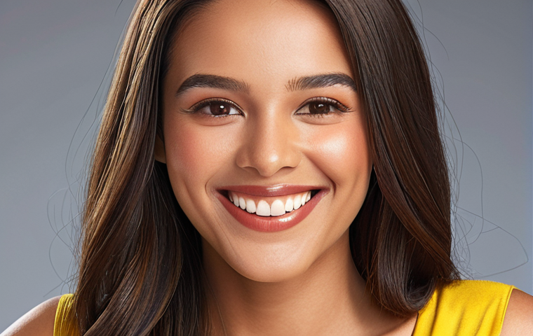 **Personal Color Analysis:** A woman smiling confidently, showcasing a radiant complexion achieved through wearing clothes and makeup in her perfect personal colors. The scene should emphasize the "lit-from-within" glow and overall enhanced appearance.