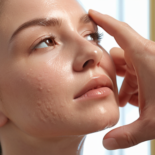 **Close-up shot of a beauty consultant's hands gently touching a client's face to assess skin texture and hydration levels, with soft, diffused lighting highlighting the details of the skin.**