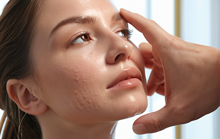 **Close-up shot of a beauty consultant's hands gently touching a client's face to assess skin texture and hydration levels, with soft, diffused lighting highlighting the details of the skin.**