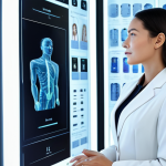 A professional female beauty consultant, fully clothed in a modest, modern business suit, is standing in a sleek, minimalist beauty clinic. She is looking at a transparent digital display showing complex skin analysis data and personalized product recommendations powered by AI. Her expression is focused and expert. The background features soft, futuristic lighting and subtle branding. Perfect anatomy, correct proportions, natural pose, well-formed hands, proper finger count, natural body proportions, professional photography, high quality, safe for work, appropriate content, family-friendly.