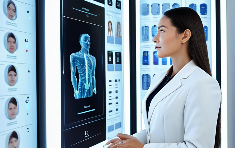 A professional female beauty consultant, fully clothed in a modest, modern business suit, is standing in a sleek, minimalist beauty clinic. She is looking at a transparent digital display showing complex skin analysis data and personalized product recommendations powered by AI. Her expression is focused and expert. The background features soft, futuristic lighting and subtle branding. Perfect anatomy, correct proportions, natural pose, well-formed hands, proper finger count, natural body proportions, professional photography, high quality, safe for work, appropriate content, family-friendly.