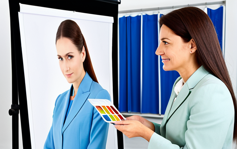 Personal Color Analysis**
"A professional image of a woman, fully clothed in modest attire, receiving a personal color analysis from a consultant in a bright studio. The consultant holds color swatches near the woman's face. Background includes various colored fabrics and professional lighting equipment. Safe for work, appropriate content, perfect anatomy, natural proportions, well-formed hands, professional photography, high quality, family-friendly."
**