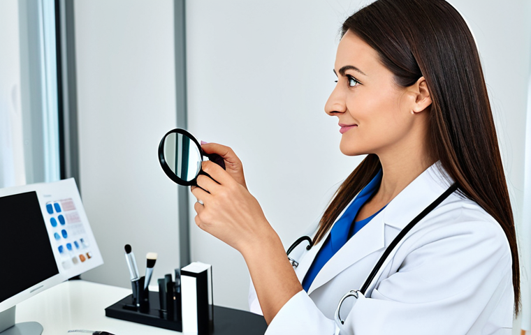 Skincare Consultation**
A fully clothed female beauty consultant in a professional lab coat, examining a client's skin with a magnifying glass in a brightly lit, modern skincare clinic. The client is also fully clothed. Focus on the consultant's caring expression and professional environment. Perfect anatomy, correct proportions, well-formed hands, proper finger count, natural pose, safe for work, appropriate content, professional, modest, family-friendly.
**