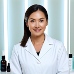 **Prompt:** A woman with clear, glowing skin showcases hydrating skincare products, fully clothed in a modest, professional white coat, inside a bright and clean dermatology clinic, appropriate content, safe for work, perfect anatomy, natural proportions, professional product photography, high quality.