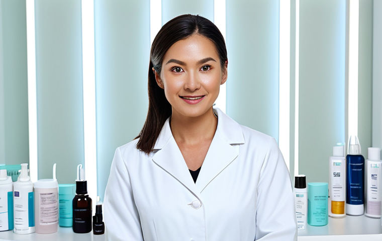 **Prompt:** A woman with clear, glowing skin showcases hydrating skincare products, fully clothed in a modest, professional white coat, inside a bright and clean dermatology clinic, appropriate content, safe for work, perfect anatomy, natural proportions, professional product photography, high quality.