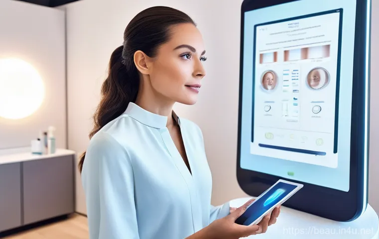 뷰티컨설턴트 주요 직무 사례 분석 - **Image Prompt 1: The AI-Powered Personalized Beauty Consultation**
A highly professional female...