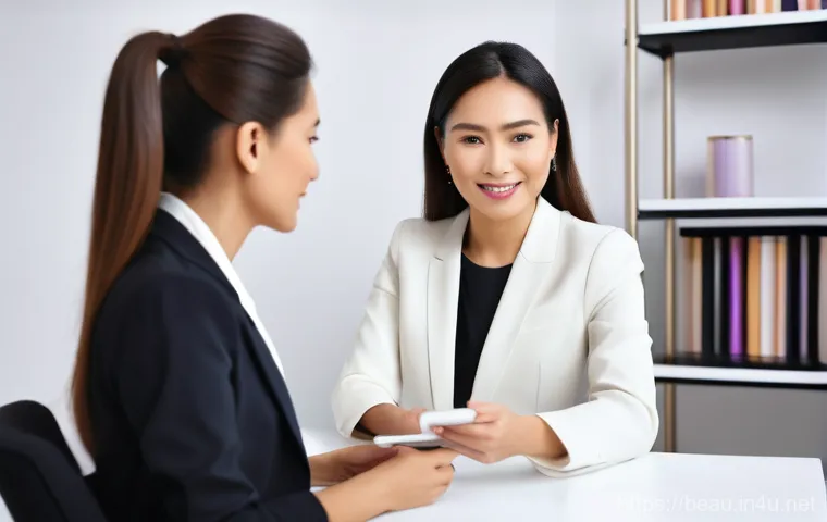 뷰티컨설턴트 신입 트레이닝 과정 - A warm and professional female beauty consultant, of diverse ethnicity and in her mid-30s, wearing a...