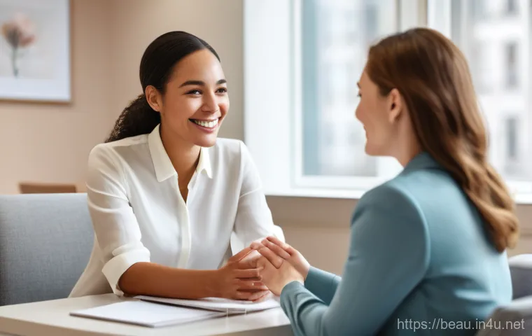 뷰티컨설턴트 직업적 강점 개발 - A professional female beauty consultant, in her 30s, with a warm and empathetic smile, is engaging i...