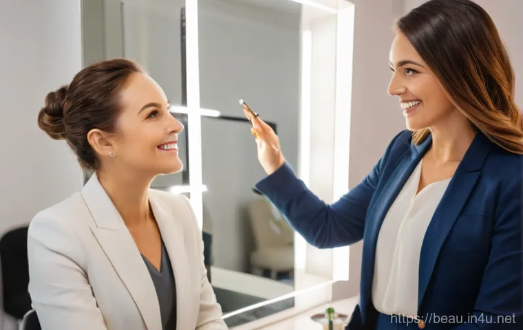 뷰티컨설턴트 직업의 사회적 역할 - A warm, brightly lit modern beauty studio. A professional and friendly female beauty consultant, in ...