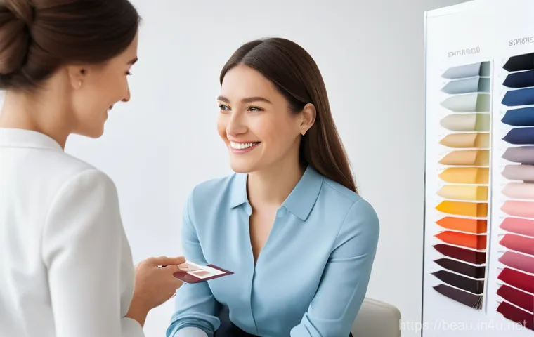 뷰티컨설턴트 자격증 시험 전략 - A professional female beauty consultant, elegantly dressed in a modern, tailored outfit, is conducti...
