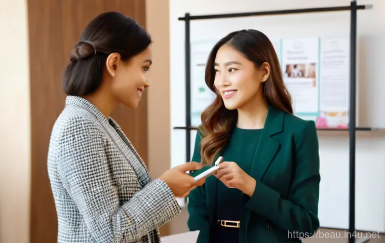 뷰티컨설턴트 조직 내 성장 사례 - A modern, professional female beauty consultant, in her late 20s to early 30s, is warmly interacting...