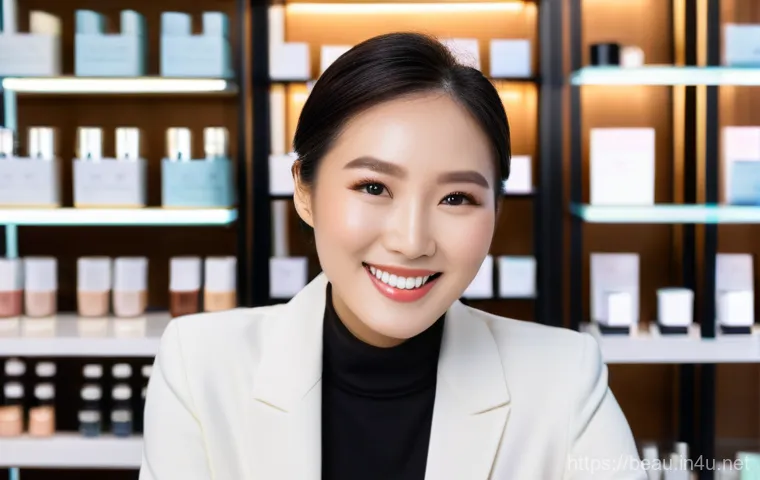 뷰티컨설턴트 국제 자격증 소개 - A professional and elegant Korean female beauty consultant, in her late 20s to early 30s, with a war...