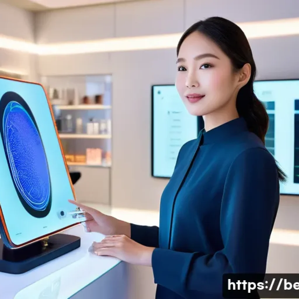 뷰티컨설턴트 AI 기술 활용 - A modern, brightly lit beauty store interior, reminiscent of CJ Olive Young. A young woman of East A...
