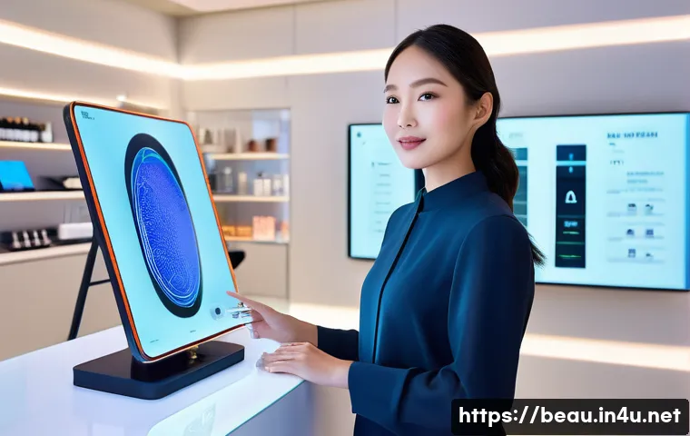 뷰티컨설턴트 AI 기술 활용 - A modern, brightly lit beauty store interior, reminiscent of CJ Olive Young. A young woman of East A...