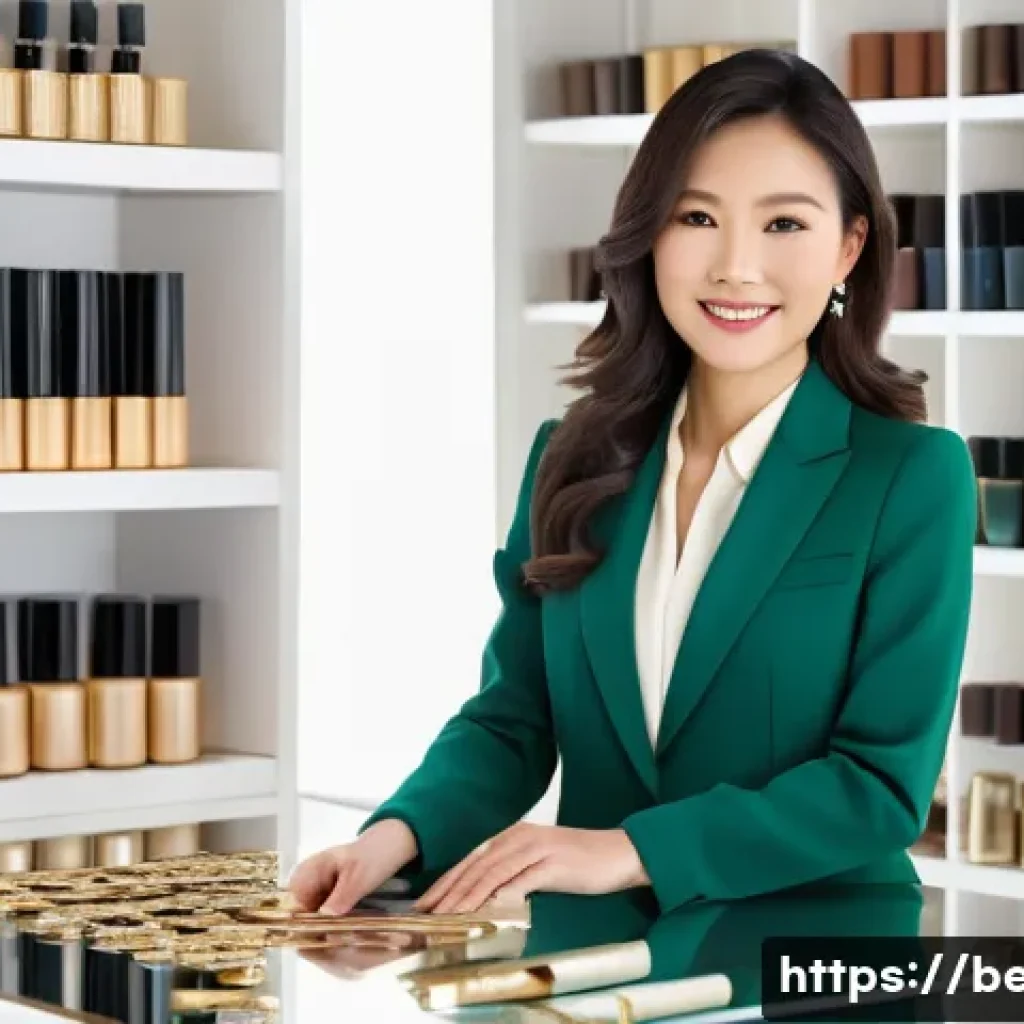 뷰티컨설턴트 직무별 연봉 차이 - A confident, elegant East Asian female beauty consultant in her late 30s, dressed in a stylish, prof...