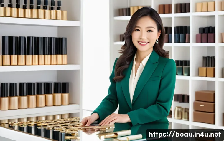 뷰티컨설턴트 직무별 연봉 차이 - A confident, elegant East Asian female beauty consultant in her late 30s, dressed in a stylish, prof...