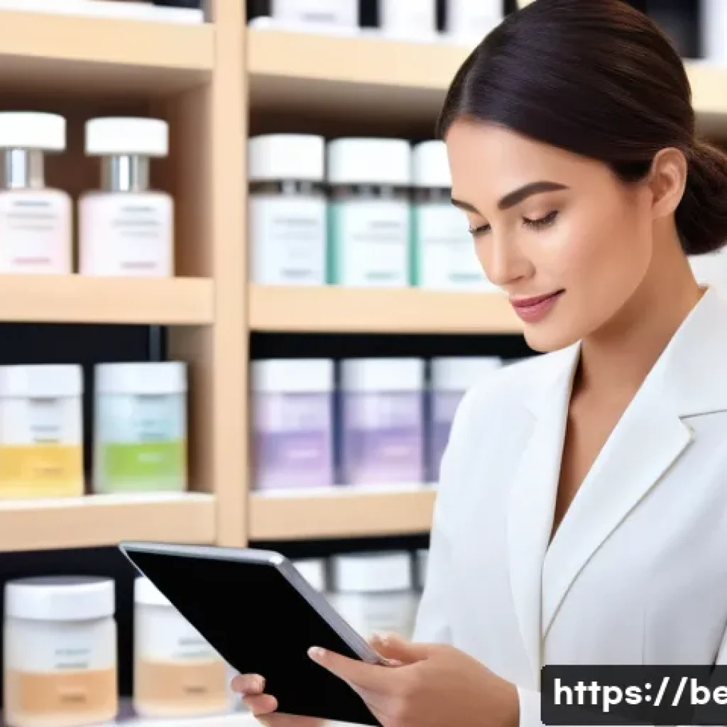 뷰티컨설턴트 고객 후기 관리 - A modern beauty consultant in a stylish, well-lit skincare boutique, attentively responding to a cus...