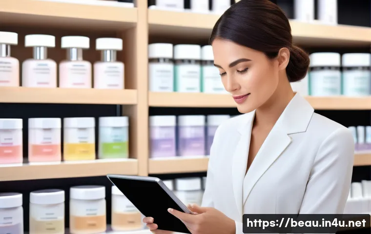 뷰티컨설턴트 고객 후기 관리 - A modern beauty consultant in a stylish, well-lit skincare boutique, attentively responding to a cus...