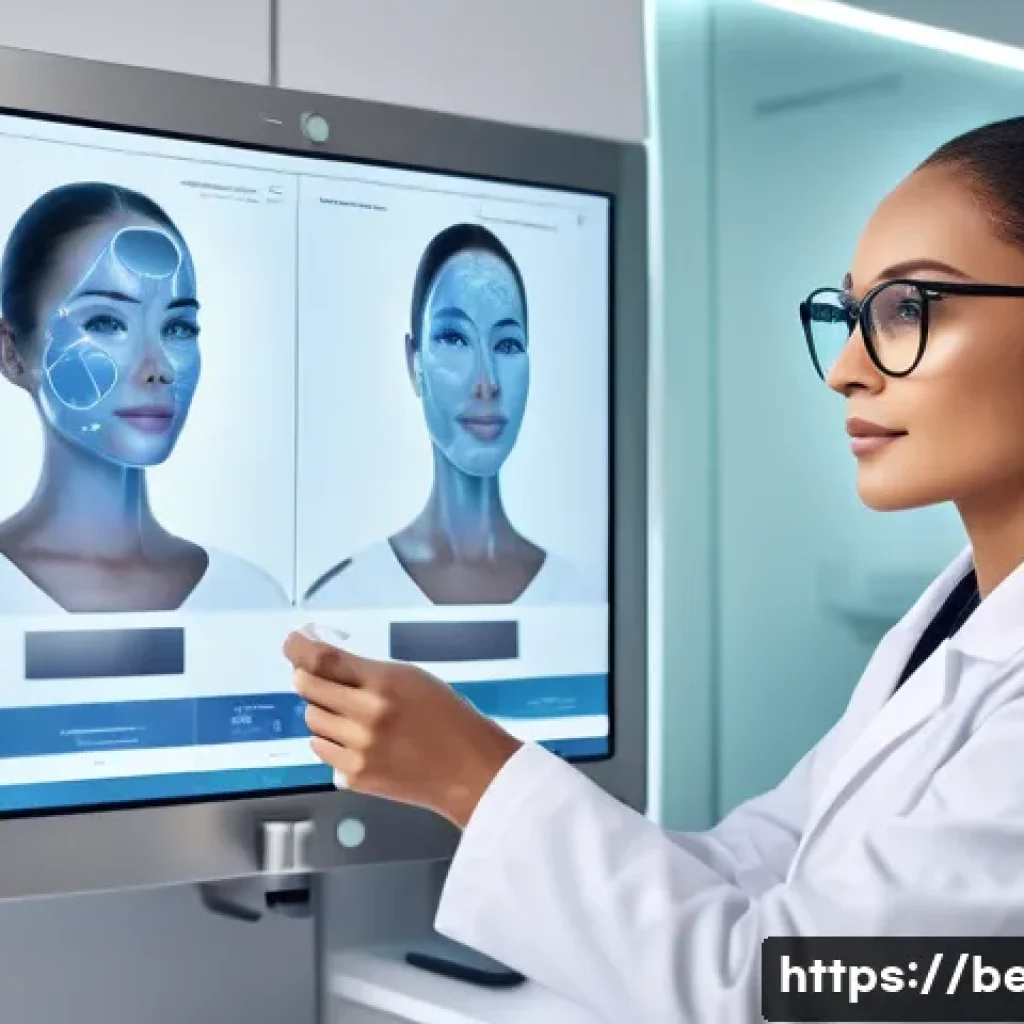 뷰티컨설턴트 관련 연구 자료 찾기 - A professional beauty consultant in a modern clinic setting, analyzing a female client's skin using ...