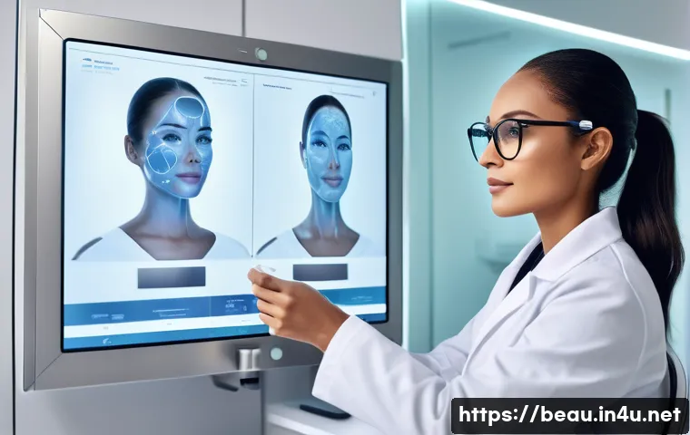뷰티컨설턴트 관련 연구 자료 찾기 - A professional beauty consultant in a modern clinic setting, analyzing a female client's skin using ...