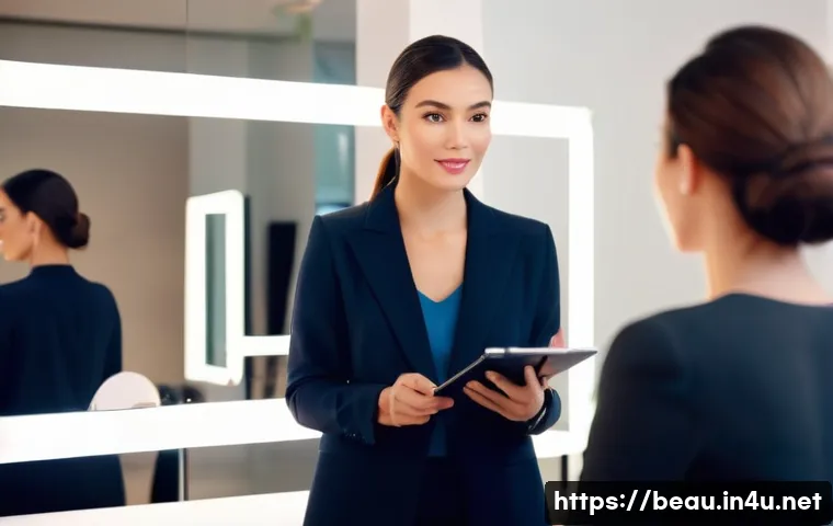 뷰티컨설턴트 직업 만족도 높이는 법 - A professional beauty consultant attentively listening to a female client in a modern, elegant salon...