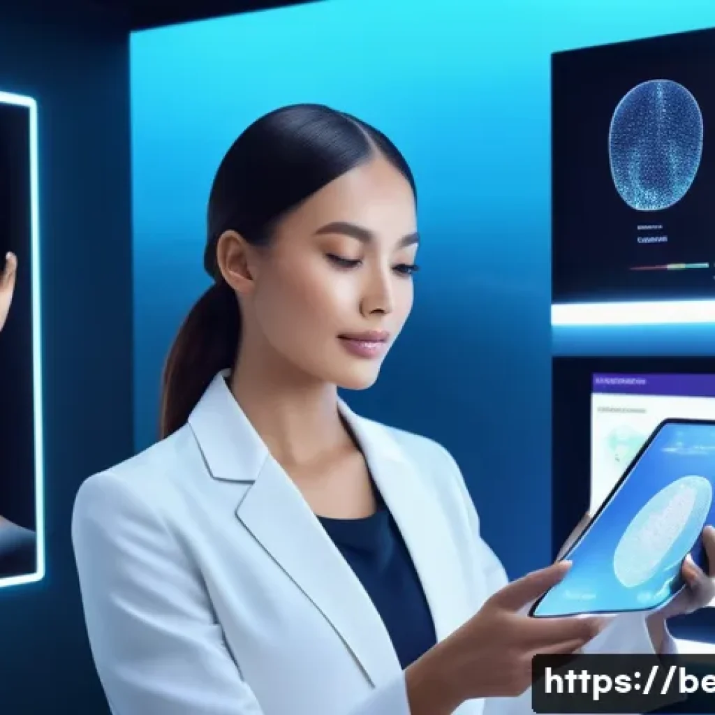 뷰티컨설턴트 관련 산업 동향 - A futuristic beauty consultant using advanced AI-powered skin analysis technology in a sleek, high-t...