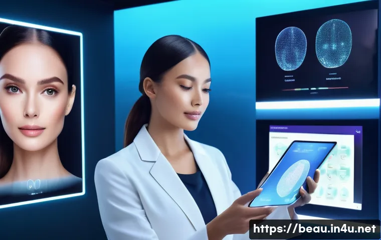뷰티컨설턴트 관련 산업 동향 - A futuristic beauty consultant using advanced AI-powered skin analysis technology in a sleek, high-t...