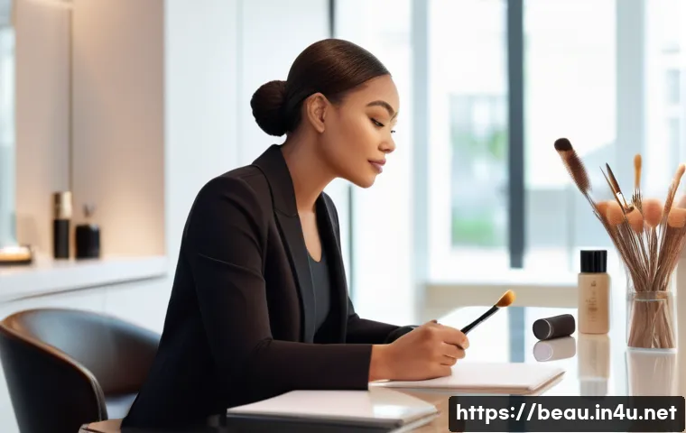 뷰티컨설턴트 직무 적응 사례 연구 - A professional beauty consultant attentively listening to a diverse female client in a modern beauty...