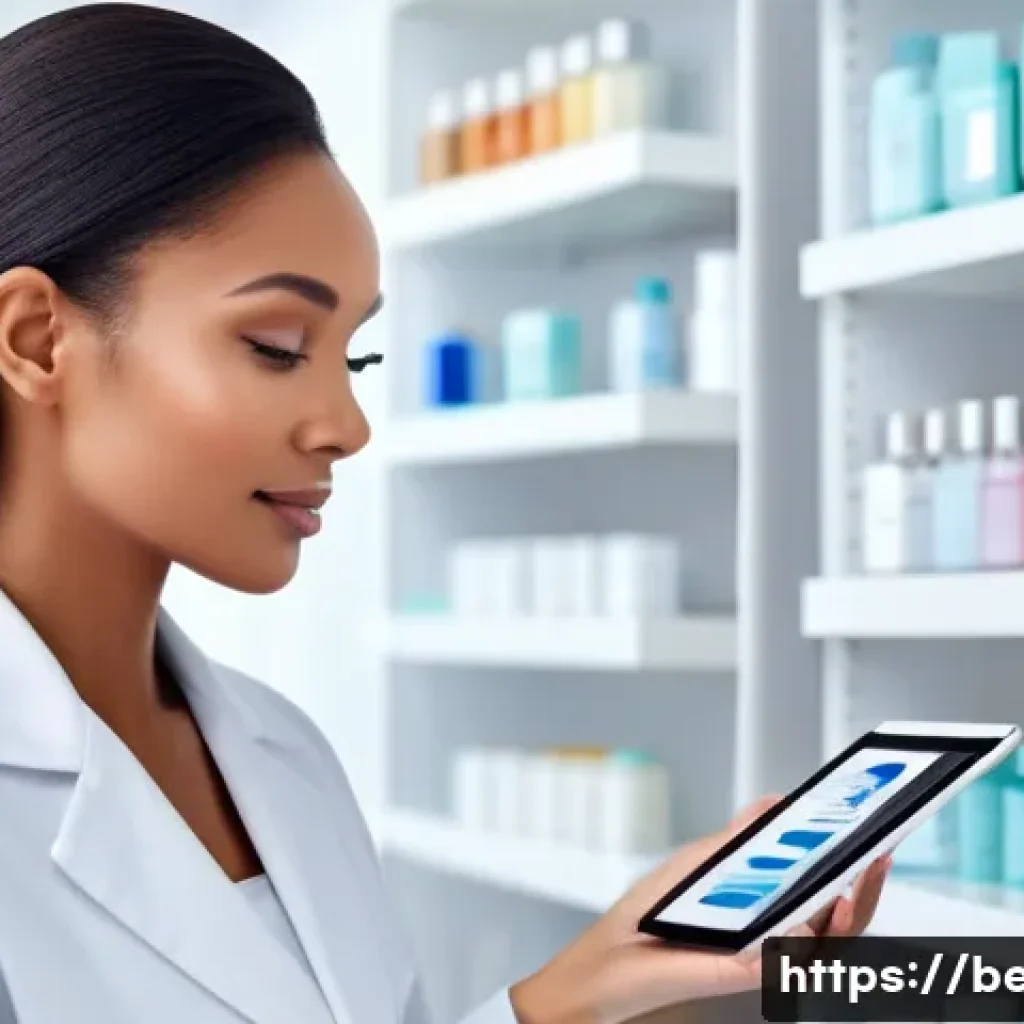 뷰티컨설턴트 커리어 전환 꿀팁 - A professional beauty consultant in a modern skincare clinic, confidently interacting with a diverse...