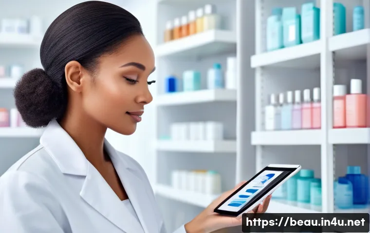 뷰티컨설턴트 커리어 전환 꿀팁 - A professional beauty consultant in a modern skincare clinic, confidently interacting with a diverse...