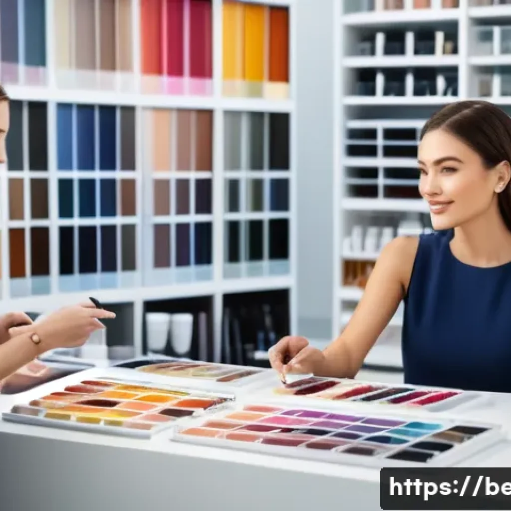 뷰티컨설턴트 자격증 활용 사례 연구 - A professional beauty consultant in a modern, stylish studio conducting a personalized color analysi...