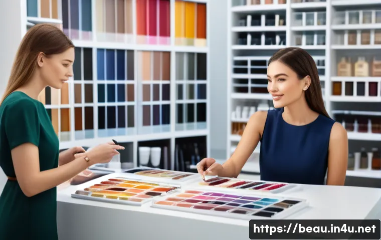뷰티컨설턴트 자격증 활용 사례 연구 - A professional beauty consultant in a modern, stylish studio conducting a personalized color analysi...