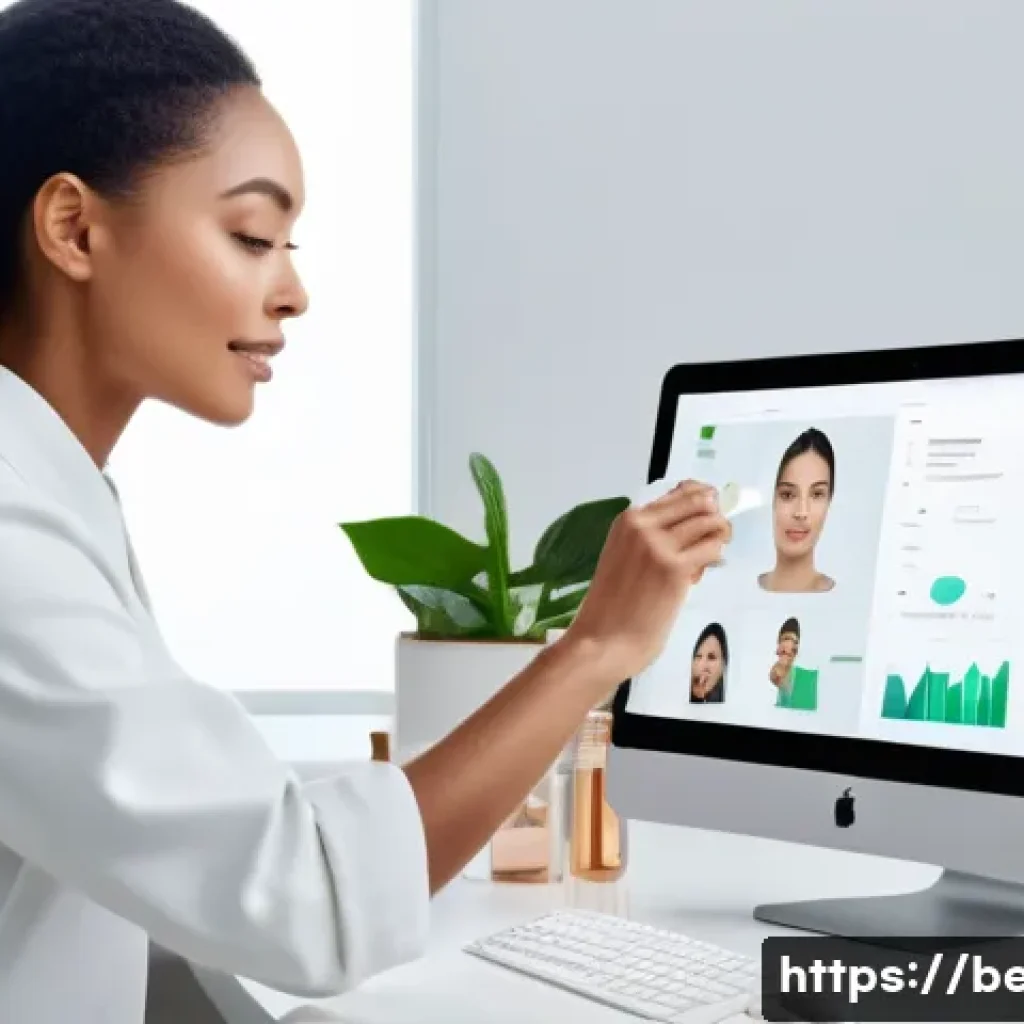 뷰티컨설턴트 학습 자료 추천 - A modern beauty consultant workspace featuring a sleek digital skin analyzer device displaying detai...