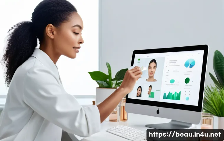 뷰티컨설턴트 학습 자료 추천 - A modern beauty consultant workspace featuring a sleek digital skin analyzer device displaying detai...
