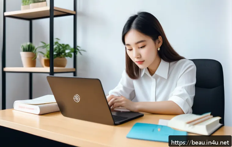 뷰티컨설턴트 자격증 시험 대비법 - A focused young woman sitting at a clean, well-organized desk in a quiet study room, surrounded by b...