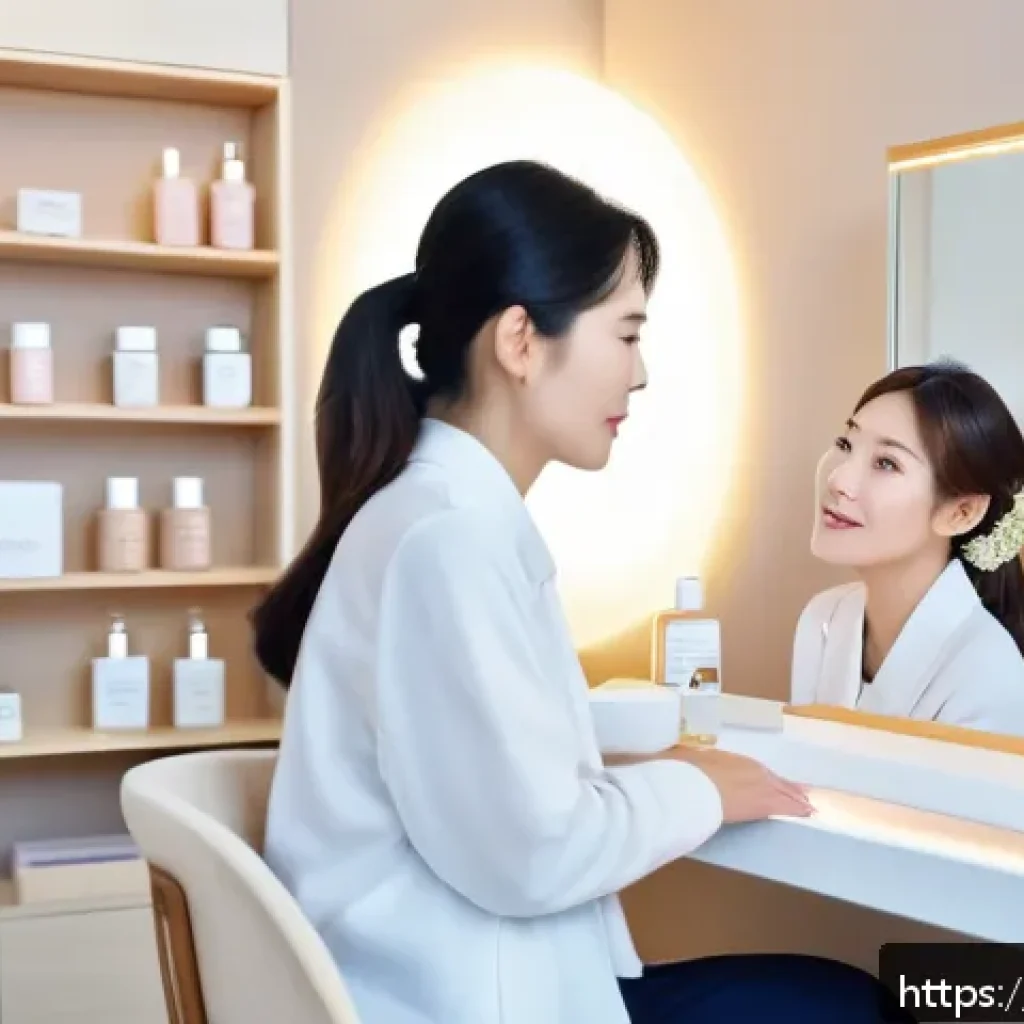 뷰티컨설턴트 현업 꿀팁 - A professional beauty consultant attentively listening to a female client in a modern, cozy skincare...