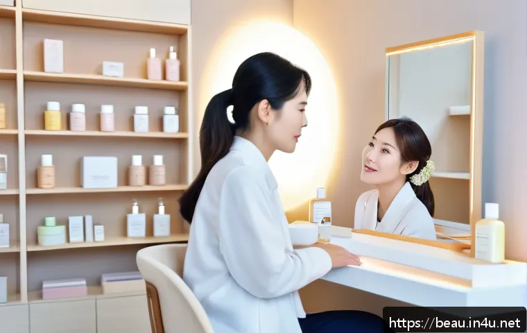 뷰티컨설턴트 현업 꿀팁 - A professional beauty consultant attentively listening to a female client in a modern, cozy skincare...