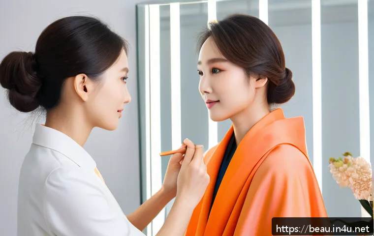 뷰티컨설턴트 퍼스널 컬러 분석법 - A professional beauty consultant performing a personal color analysis in a bright, naturally lit stu...
