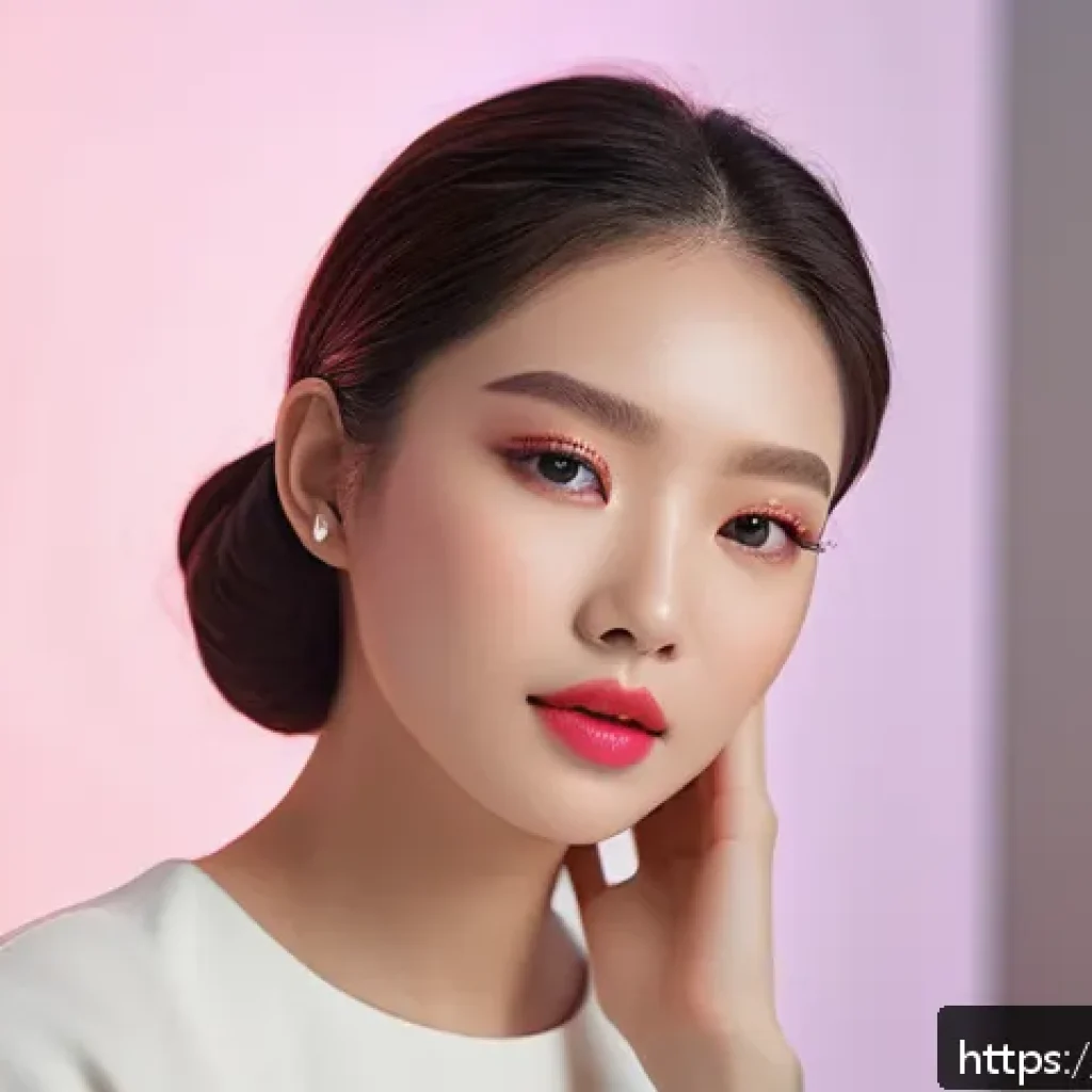 뷰티컨설턴트 상담 시뮬레이션 - A high-tech virtual beauty styling session scene showcasing a young woman sitting comfortably at hom...