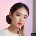 뷰티컨설턴트 상담 시뮬레이션 - A high-tech virtual beauty styling session scene showcasing a young woman sitting comfortably at hom...