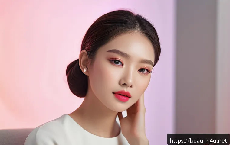 뷰티컨설턴트 상담 시뮬레이션 - A high-tech virtual beauty styling session scene showcasing a young woman sitting comfortably at hom...