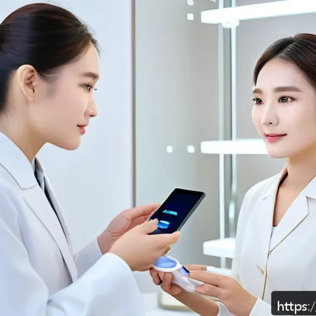 뷰티컨설턴트 성공 스토리 - A professional beauty consultant attentively listening and observing a female client in a modern, we...