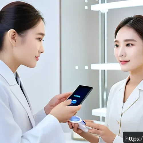 뷰티컨설턴트 성공 스토리 - A professional beauty consultant attentively listening and observing a female client in a modern, we...