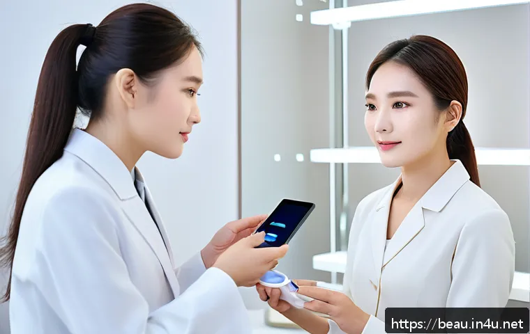 뷰티컨설턴트 성공 스토리 - A professional beauty consultant attentively listening and observing a female client in a modern, we...