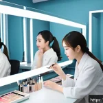 뷰티컨설턴트 주요 시험 센터 - A modern beauty consultation classroom with diverse students practicing skin type analysis and makeu...