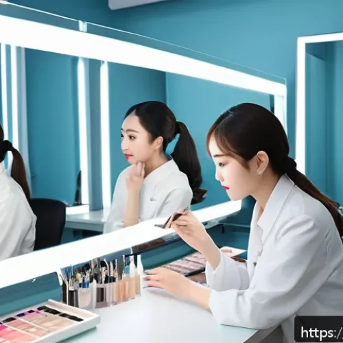뷰티컨설턴트 주요 시험 센터 - A modern beauty consultation classroom with diverse students practicing skin type analysis and makeu...