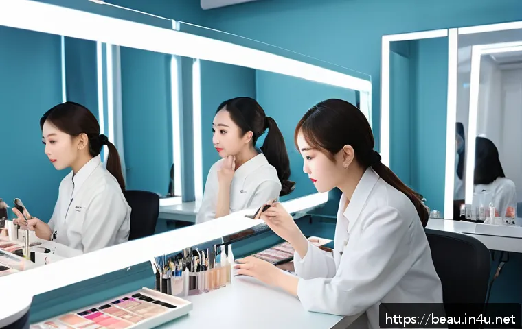 뷰티컨설턴트 주요 시험 센터 - A modern beauty consultation classroom with diverse students practicing skin type analysis and makeu...