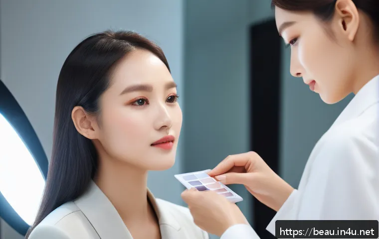 뷰티컨설턴트 실무 스킬 학습 사례 - A professional beauty consultant analyzing a client's skin tone under various lighting conditions in...